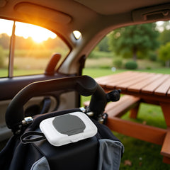 Qintreesify wipe holder attached to stroller demonstrates convenient hanging design.