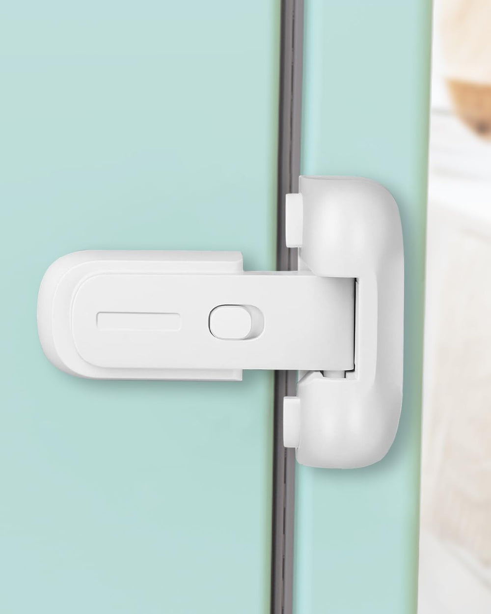 Qinzcp fridge latch white front view demonstrates compact child-safety design.