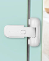 Qinzcp fridge latch white front view demonstrates compact child-safety design.