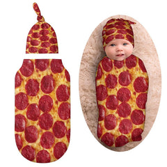 Qiohoey 3D pizza swaddle blanket with beanie hat calms babies during cozy photo shoots