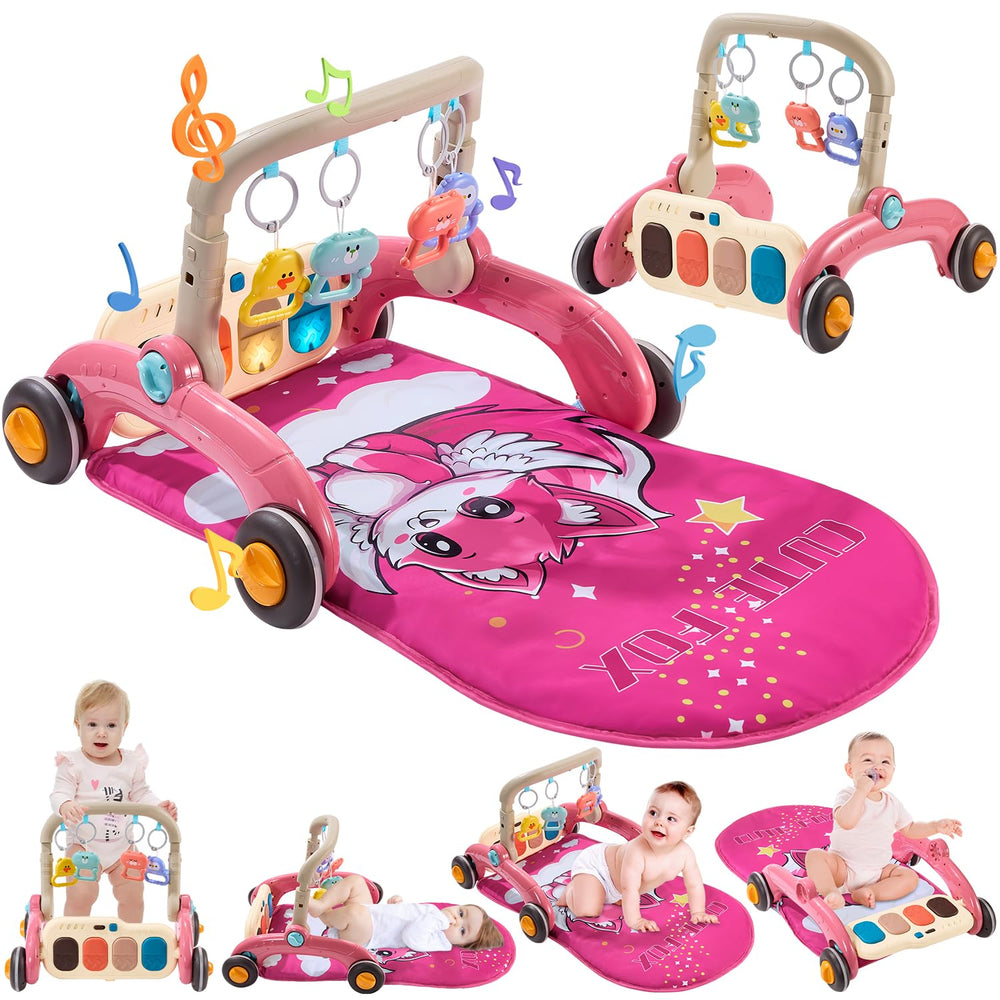 QLRR baby play gym fox upgraded image showing colorful mat for tummy time and exploration