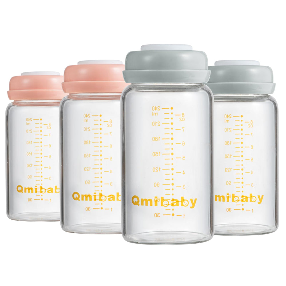 Qmibaby 240ml glass breastmilk bottle close-up, BPA-free for safe refrigeration.