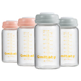 Qmibaby 240ml glass breastmilk bottle close-up, BPA-free for safe refrigeration.