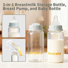 Qmibaby glass bottle close-up of grey leak-proof lid.
