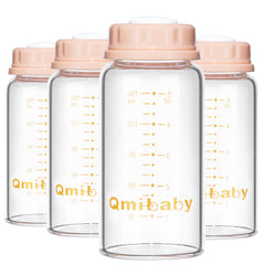 Qmibaby natural glass baby bottle 150ml pink lid front view for everyday breastmilk storage