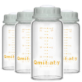 Qmibaby natural glass bottle 150ml front view with shatter-resistant design for safe milk storage.