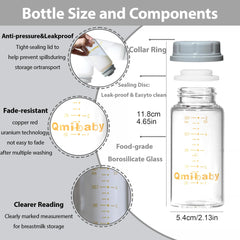 Qmibaby 150ml side view highlights wide neck for easy pumping and feeding.