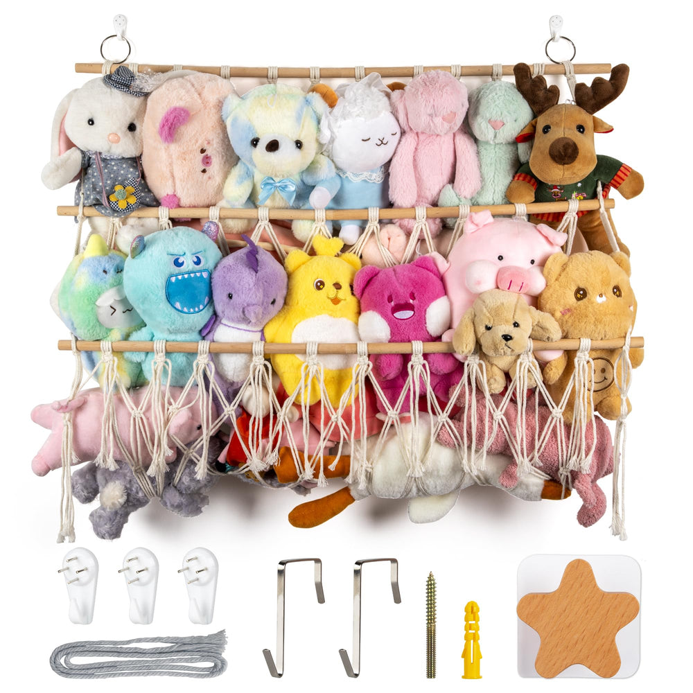 Qoroos stuffed animal hammock wall-hanging showcases space-saving organization.