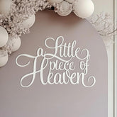QPARTYFIRE A Little Piece of Heaven sign backdrop wood grain adds warm ambiance for ceremonies.
