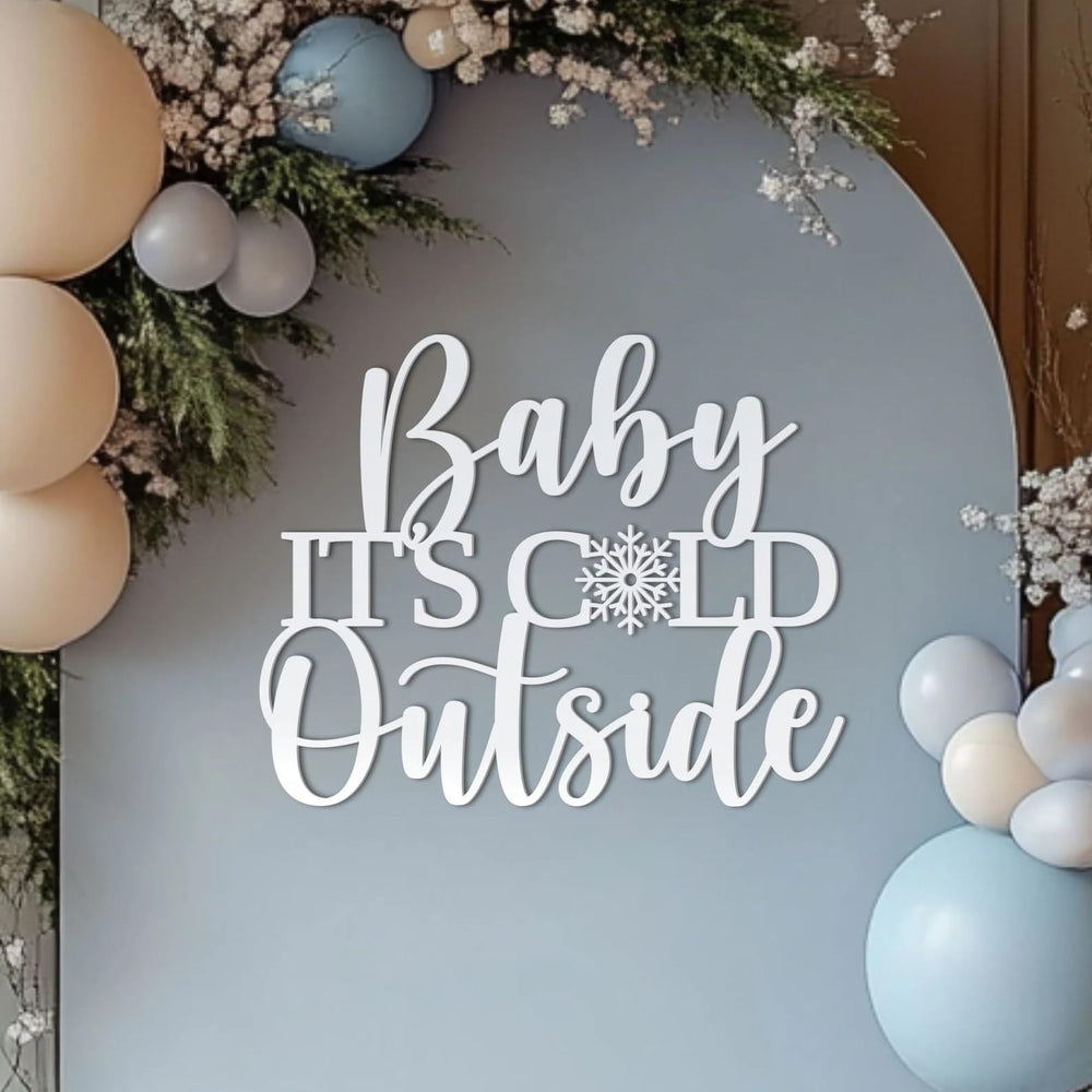 QPARTYFIRE Baby It’s Cold Outside wooden sign backdrop for winter parties and photo moments.