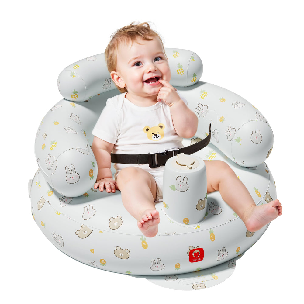 QPAU inflatable baby seat setup demonstrates quick inflation for travel-ready feeding.