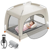 QPAU inflatable toddler bed tent close-up shows soft flocked top for cozy sleep.