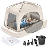 QPAU inflatable toddler bed with tent front view shows travel-ready setup.