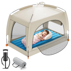 QPAU inflatable toddler bed with tent setup for travel-ready comfort.
