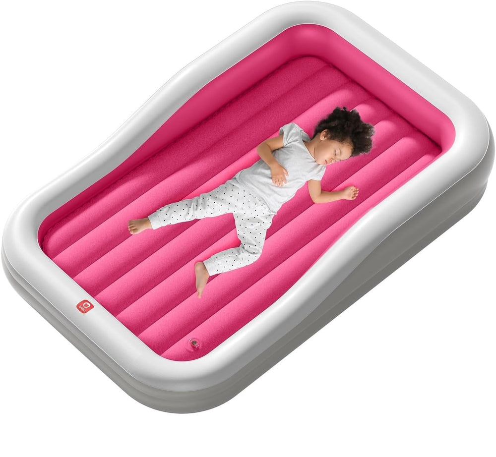 QPAU inflatable toddler travel bed with 3-sided bumpers for safe hotel sleeps.