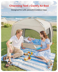 QPAU toddler travel bed in use outdoors, ready for camping.