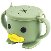 Qshare snack cup in green shows petal opening for tiny hands and spill reduction.