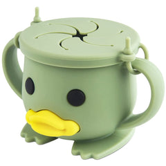 Qshare snack cup in green shows petal opening for tiny hands and spill reduction.