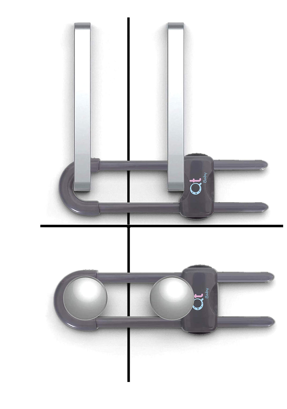 QT BABY Thunder Grey cabinet locks front view in a 12-pack, keeping curious toddlers out of cabinets.
