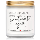 Quaintir lavender-pregnancy-announcement-candle close-up with printed message for grandparents to share news