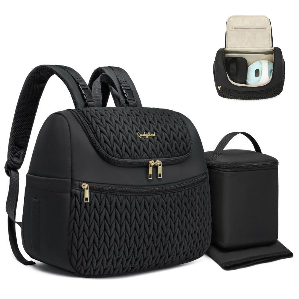 Qualyphant breast pump bag front view with organized pockets for easy commuting.