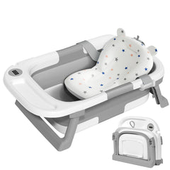 QueenFul collapsible baby bathtub folded for compact storage and travel convenience.