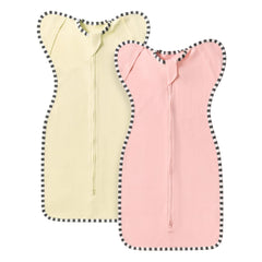 QUENESS Transition Swaddle pink-beige pack depicts soft cotton fabric for cozy baby sleep.