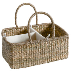 Quincry Premium Wicker Diaper Caddy exterior shows natural seagrass and sturdy handles for easy diaper organization