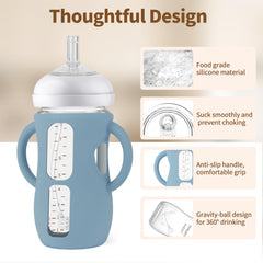 Qunland Avent glass bottle with ergonomic silicone sleeves for secure grip and independent holds.