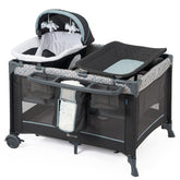 QUTANIX 5-in-1 Pack and Play assembled, a complete mobile nursery for home or travel.