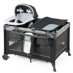 QUTANIX 5-in-1 Pack and Play assembled, a complete mobile nursery for home or travel.