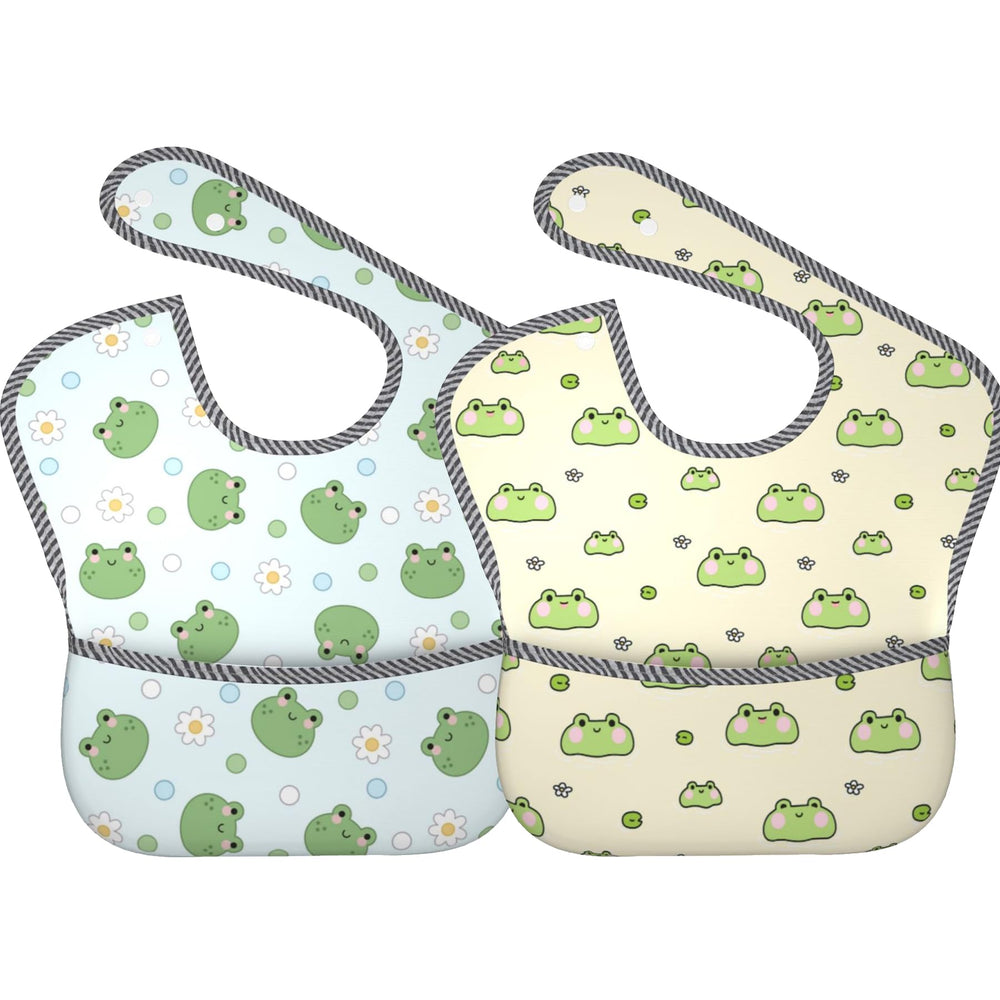 Qwalnely Frog Bibs front view shows catch pocket for mess-free meals
