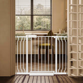 QwickNesty baby gate shows wide-width adjustment for stair openings, secure fit.