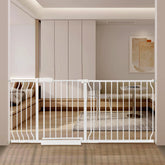 QwickNesty extra wide baby gate front view showing sturdy white frame for wide doorways
