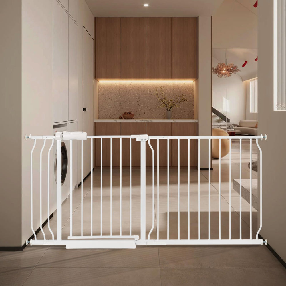 QwickNesty extra-wide gate installation demonstrates tool-free setup for quick doorway safety.