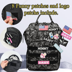 QWREOIA camo diaper bag back view emphasizes the stroller straps and ergonomic shape.