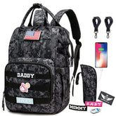QWREOIA camo diaper bag backpack front view shows spacious compartments for easy organization.