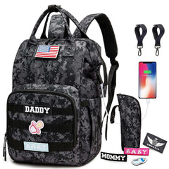 QWREOIA camo diaper bag backpack front view shows spacious compartments for easy organization.
