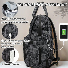 QWREOIA camo diaper bag insulated pocket opens to reveal bottle-cooling capability.