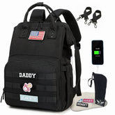 QWREOIA diaper bag backpack black front view with organized layout for outings