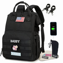 QWREOIA diaper bag backpack black front view with organized layout for outings
