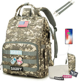 QWREOIA Diaper Bag Backpack camo front view shows rugged, parent-ready style.