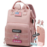 QWREOIA diaper bag backpack front view pink highlights roomy space for baby essentials.