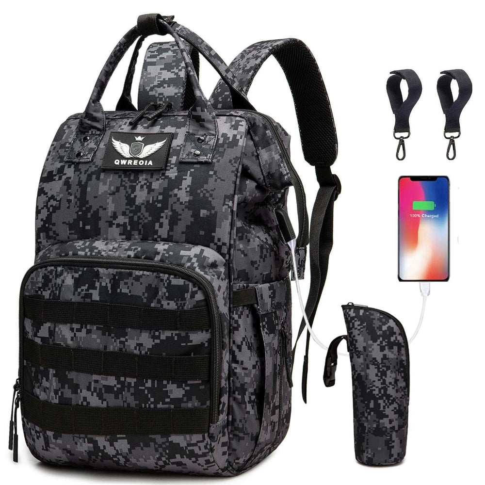 QWREOIA diaper bag backpack front view shows generous storage for essentials on the go