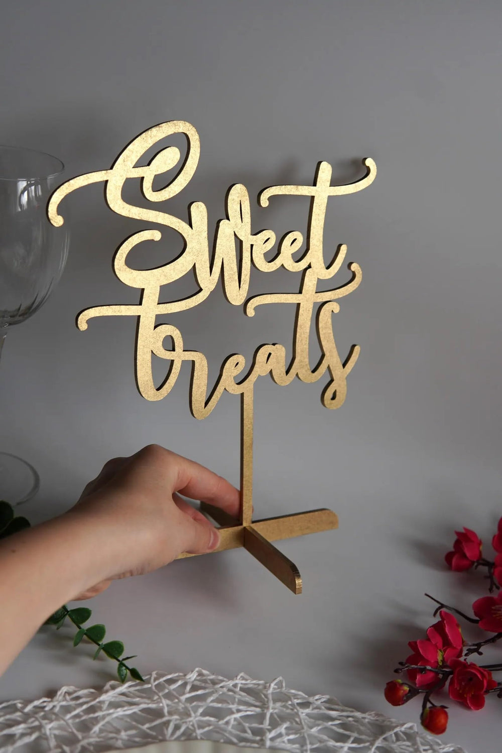 QWTOWFM Sweet Treats table sign in warm wood enhances dessert displays.