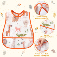 R HORSE adjustable snap-button bibs fit 6-24 months comfortably.