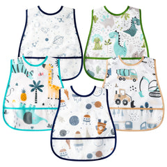 R HORSE baby bib with crumb catcher pocket catching messes at meals.