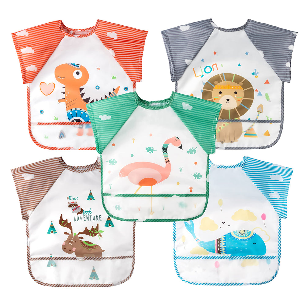 R HORSE bib set with dinosaur pattern keeps clothes clean during meals.
