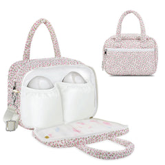 Rain Bunny wearable pump bag floral pink design secures Elvie and Momcozy pumps on the go.