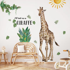Rainbow WSK giraffe wall decal with palm leaves creates tropical atmosphere in playrooms.